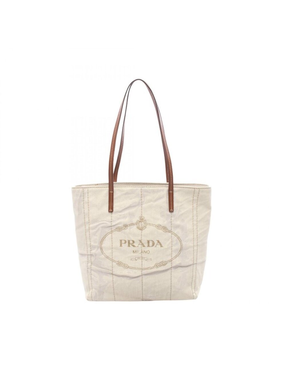 Prada Tote Bag Mistolino Vitel Ivory Beige Canvas Leather Small Blend